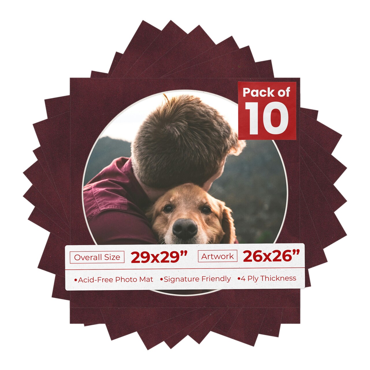 Dark Red Suede Mat Board for 29x29 Frames - Circle Opening for 26x26 Photos